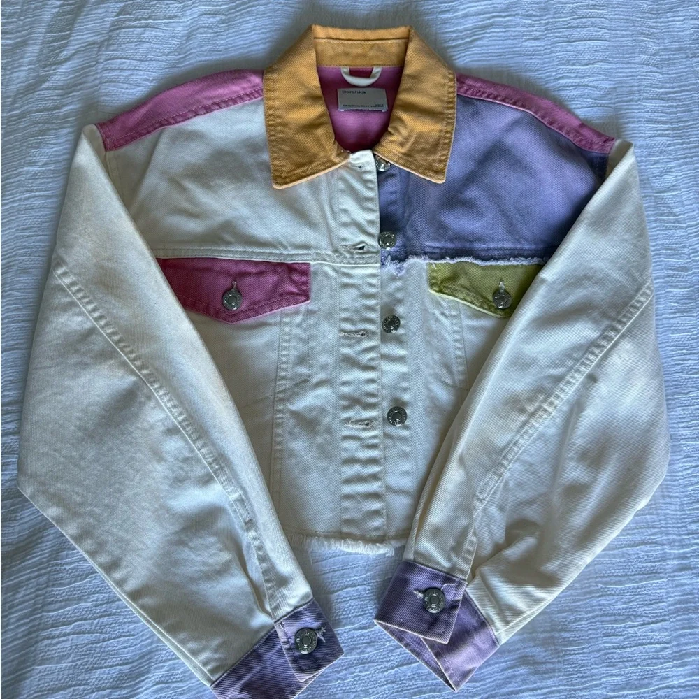 Bershka Color Block Women's Jean Jacket Cropped - Picture 2 of 9